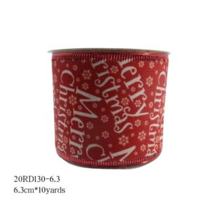 Red Linen Ribbon Printed with Words & Wire Edge Christmas Decor