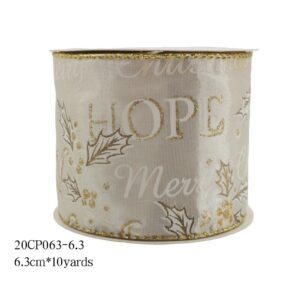 Champagne Gold Print with Leaves and Word Ribbon Christmas Decorations