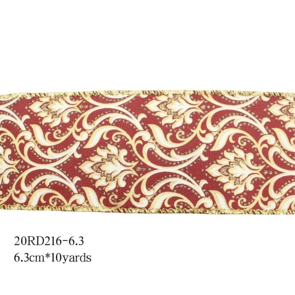 Burgundy Fabric Ribbon with White Swirl Pattern Christmas Decoration - Image 2